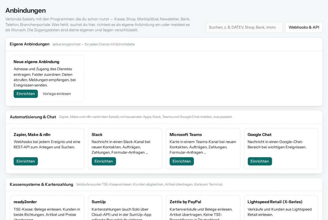 Die Anbindungen in Salesfy: Suchfeld, eigene Anbindungen und die Dienste nach Gruppen.