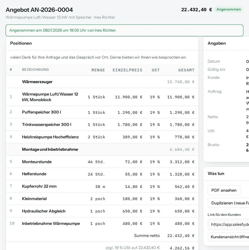 Ein angenommenes Angebot mit Positionen, Summen und dem Link für den Kunden.