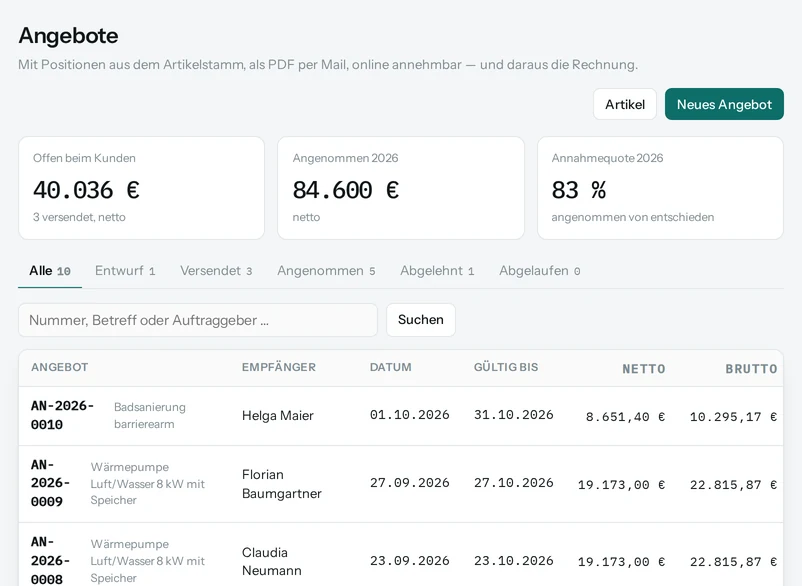 Die Liste der Angebote mit Nummer, Kunde, Betrag und Status.