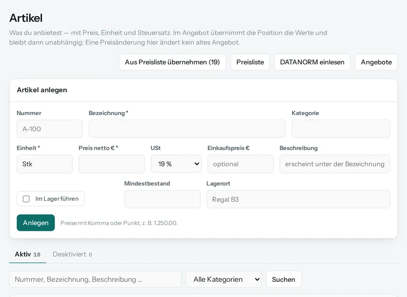 Der Artikelstamm mit Bezeichnung, Einheit, Preis und Steuersatz.