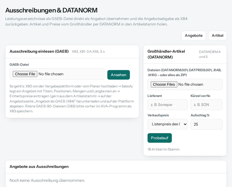 Ausschreibungen und DATANORM: GAEB-Datei als Angebot übernehmen, Großhändler-Artikel einlesen.