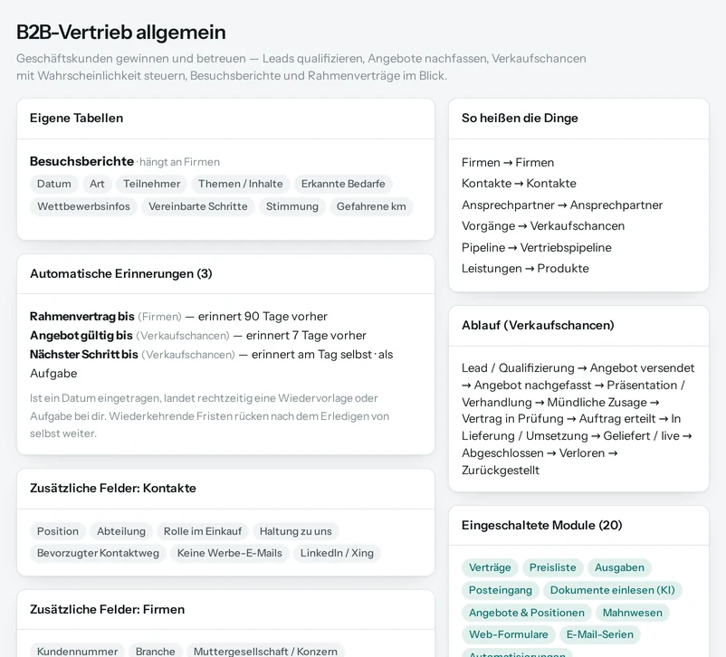 Die Vorschau in Salesfy für B2B-Vertrieb allgemein: eigene Tabellen mit ihren Feldern, automatische Erinnerungen, Begriffe und Ablauf.