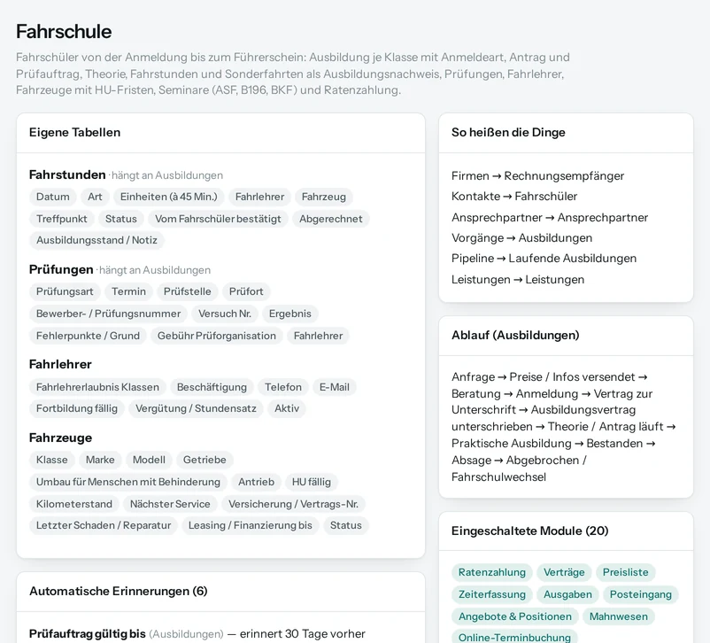 Die Vorschau in Salesfy für Fahrschule: eigene Tabellen mit ihren Feldern, automatische Erinnerungen, Begriffe und Ablauf.