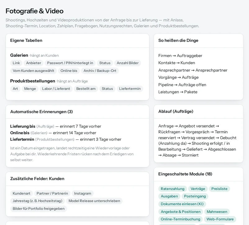 Die Vorschau in Salesfy für Fotografie & Video: eigene Tabellen mit ihren Feldern, automatische Erinnerungen, Begriffe und Ablauf.