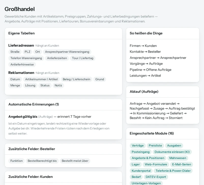 Die Vorschau in Salesfy für Großhandel: eigene Tabellen mit ihren Feldern, automatische Erinnerungen, Begriffe und Ablauf.