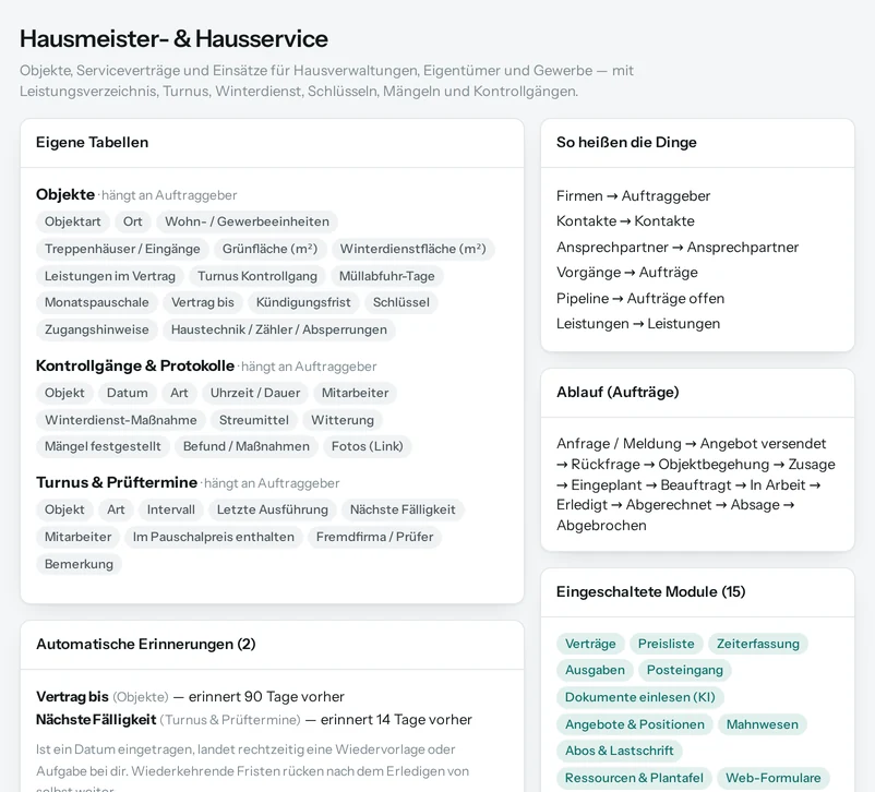 Die Vorschau in Salesfy für Hausmeister- & Hausservice: eigene Tabellen mit ihren Feldern, automatische Erinnerungen, Begriffe und Ablauf.