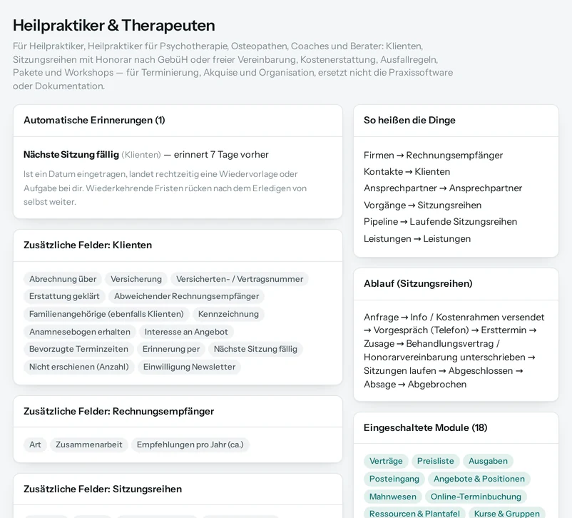 Die Vorschau in Salesfy für Heilpraktiker & Therapeuten: eigene Tabellen mit ihren Feldern, automatische Erinnerungen, Begriffe und Ablauf.