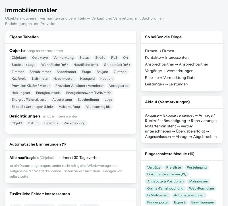 Die Vorschau in Salesfy für Immobilienmakler: eigene Tabellen mit ihren Feldern, automatische Erinnerungen, Begriffe und Ablauf.