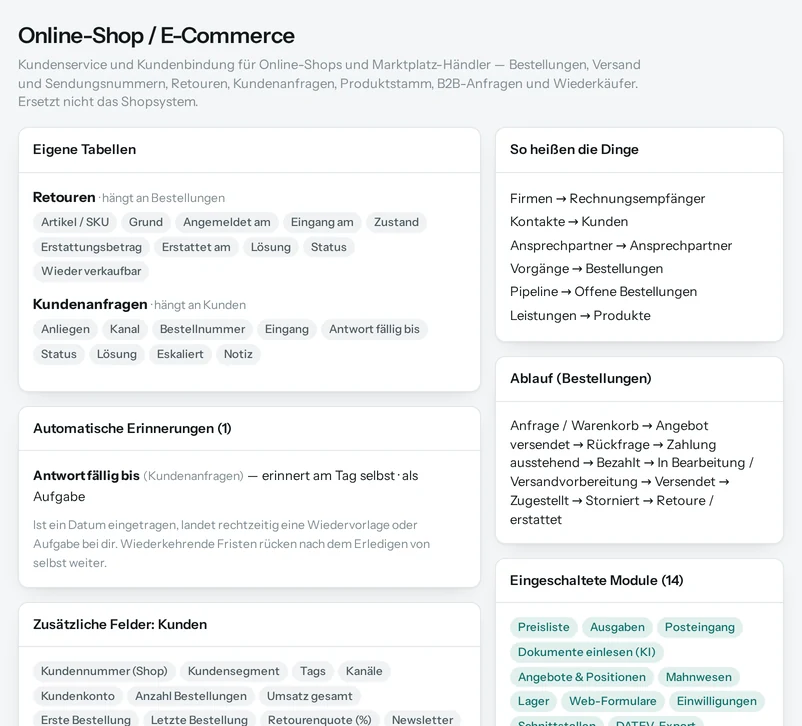 Die Vorschau in Salesfy für Online-Shop / E-Commerce: eigene Tabellen mit ihren Feldern, automatische Erinnerungen, Begriffe und Ablauf.