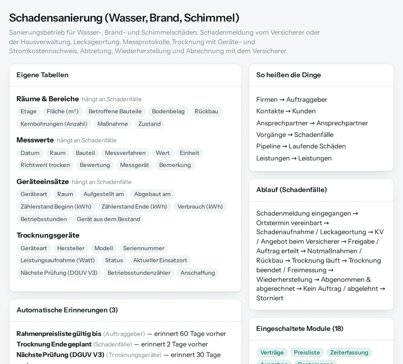 Die Vorschau in Salesfy für Schadensanierung (Wasser, Brand, Schimmel): eigene Tabellen mit ihren Feldern, automatische Erinnerungen, Begriffe und Ablauf.