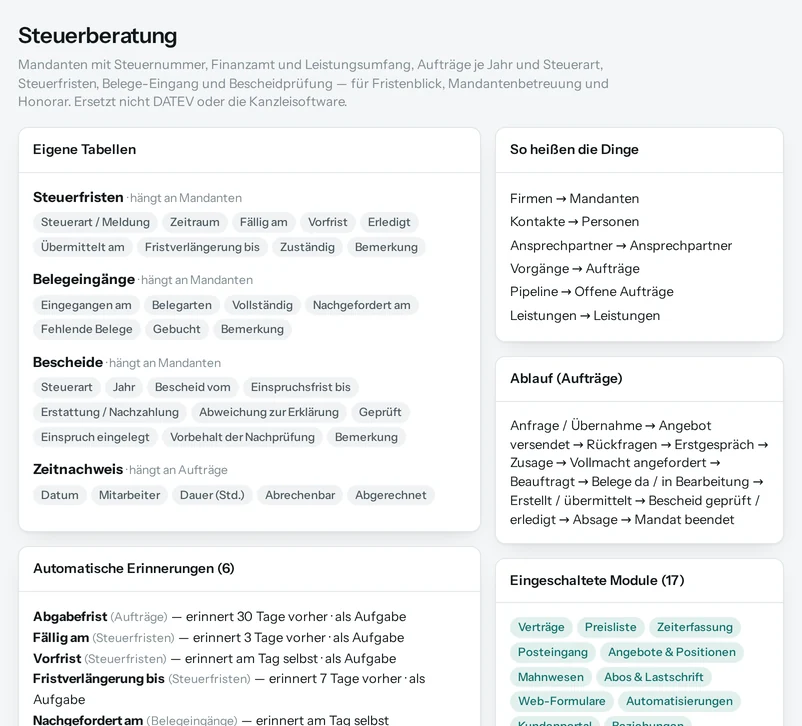 Die Vorschau in Salesfy für Steuerberatung: eigene Tabellen mit ihren Feldern, automatische Erinnerungen, Begriffe und Ablauf.