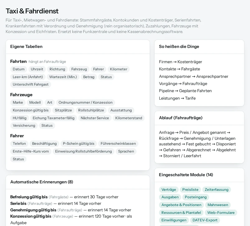 Die Vorschau in Salesfy für Taxi & Fahrdienst: eigene Tabellen mit ihren Feldern, automatische Erinnerungen, Begriffe und Ablauf.