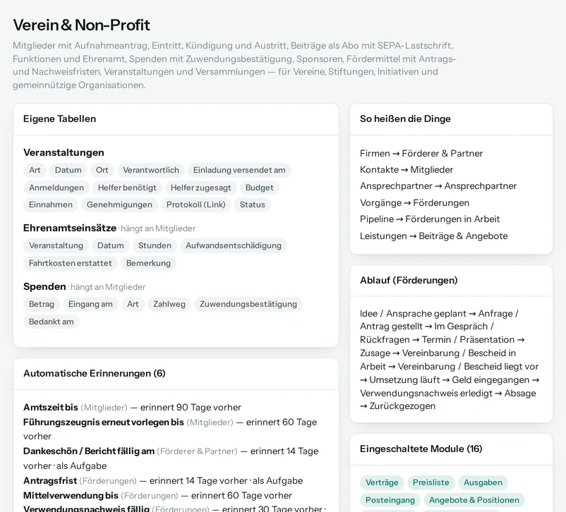 Die Vorschau in Salesfy für Verein & Non-Profit: eigene Tabellen mit ihren Feldern, automatische Erinnerungen, Begriffe und Ablauf.