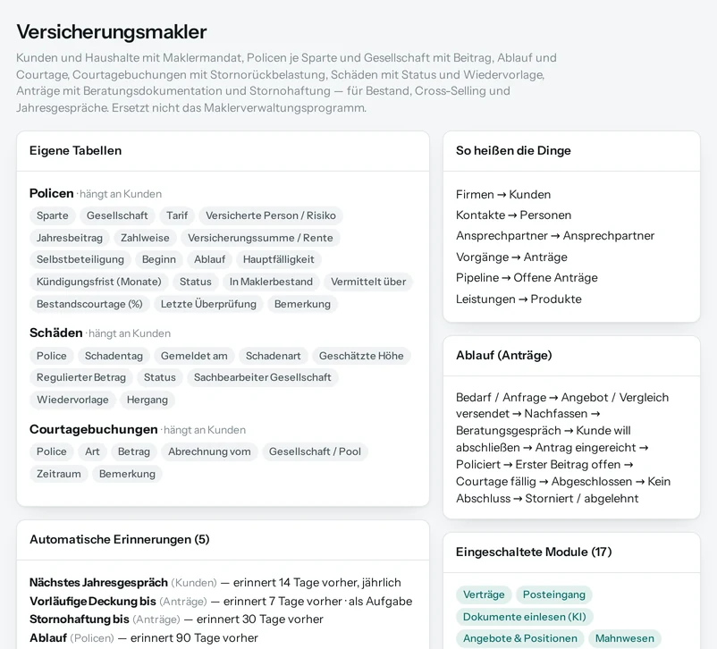 Die Vorschau in Salesfy für Versicherungsmakler: eigene Tabellen mit ihren Feldern, automatische Erinnerungen, Begriffe und Ablauf.