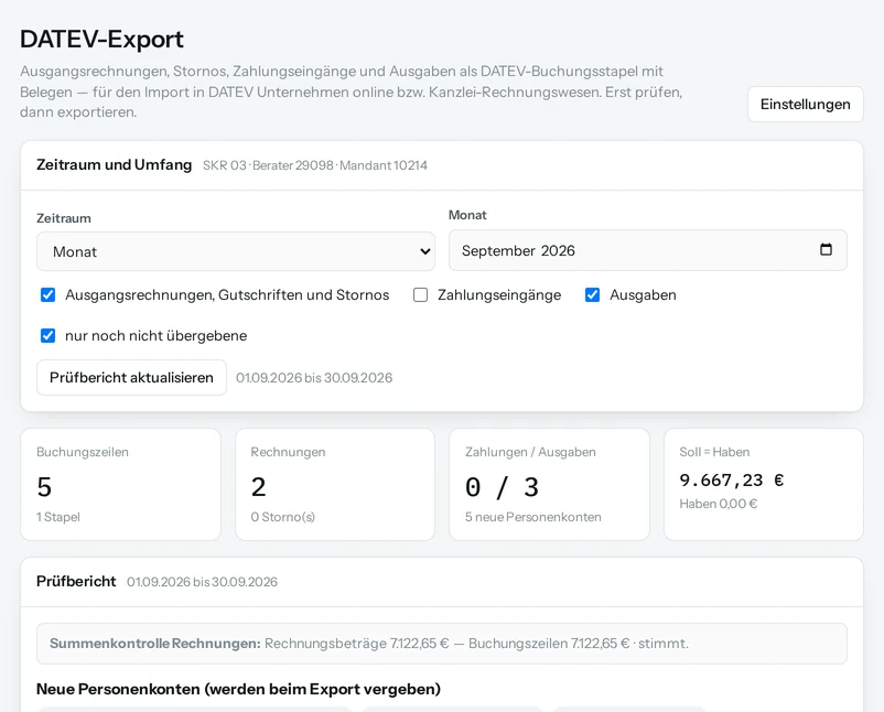 Der DATEV-Export: Zeitraum wählen, prüfen, Buchungsstapel mit Belegen exportieren.