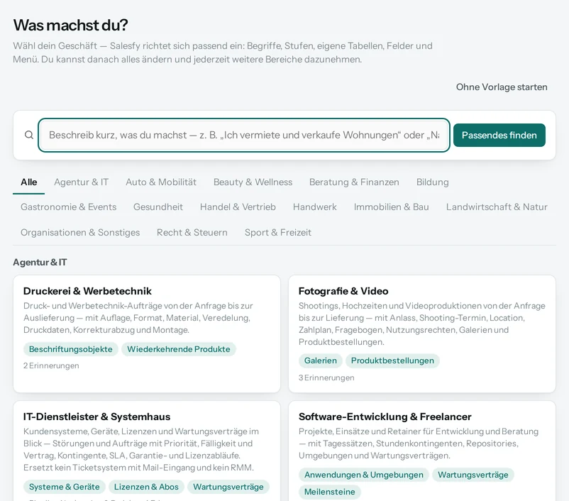 Die Einrichtung in Salesfy: ein Suchfeld „Was machst du?“ und darunter die Branchen nach Bereichen.