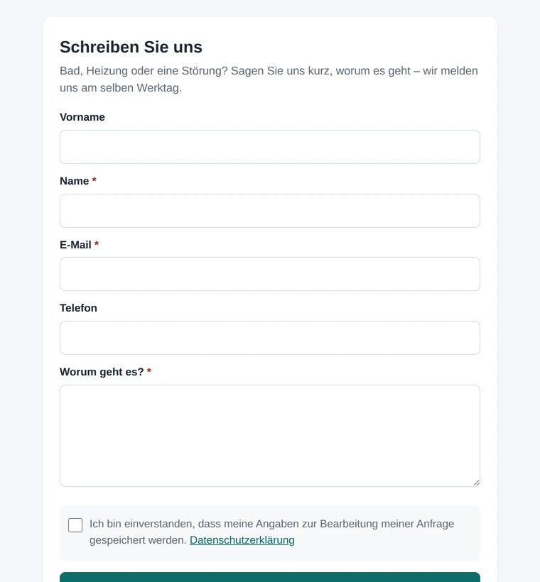 Ein Web-Formular, wie Besucher es sehen: Name, E-Mail, Telefon, Anliegen und die Einwilligung.