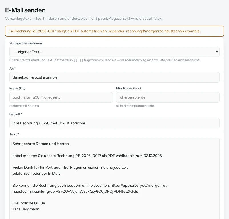 E-Mail senden: Empfänger, Betreff, Vorschlagstext und Anhänge aus der Akte.