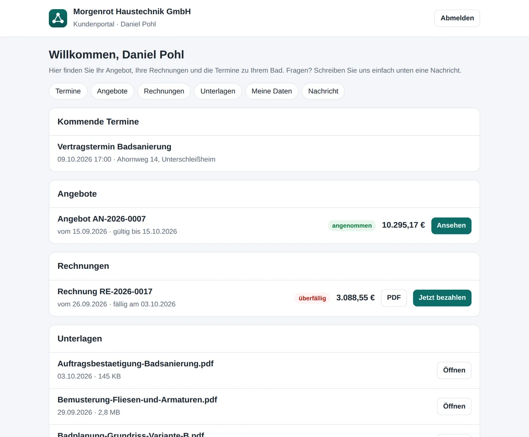 Das Kundenportal, wie es dein Kunde sieht: seine Angebote, Rechnungen, Unterlagen und Termine.